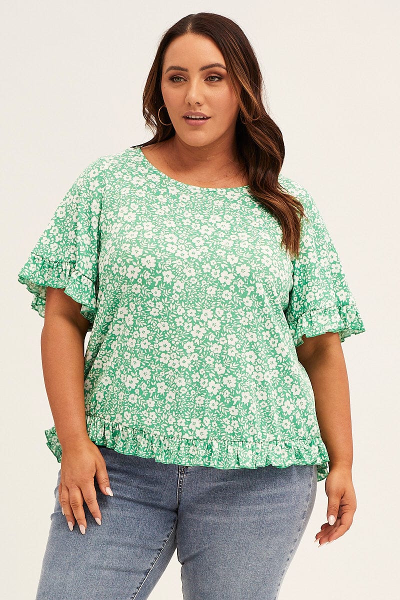 Floral Printnt Crew Neck Short Sleeve Ruffle Detail Top for Women by You + All