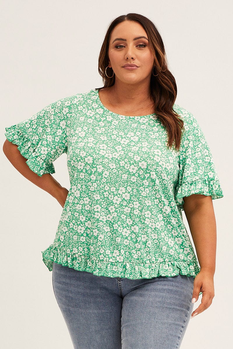 Floral Printnt Crew Neck Short Sleeve Ruffle Detail Top for Women by You + All