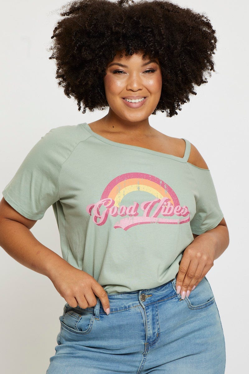 Green Graphic T-Shirt Good Vibes Crew Neck Off Shoulder For Women By You And All