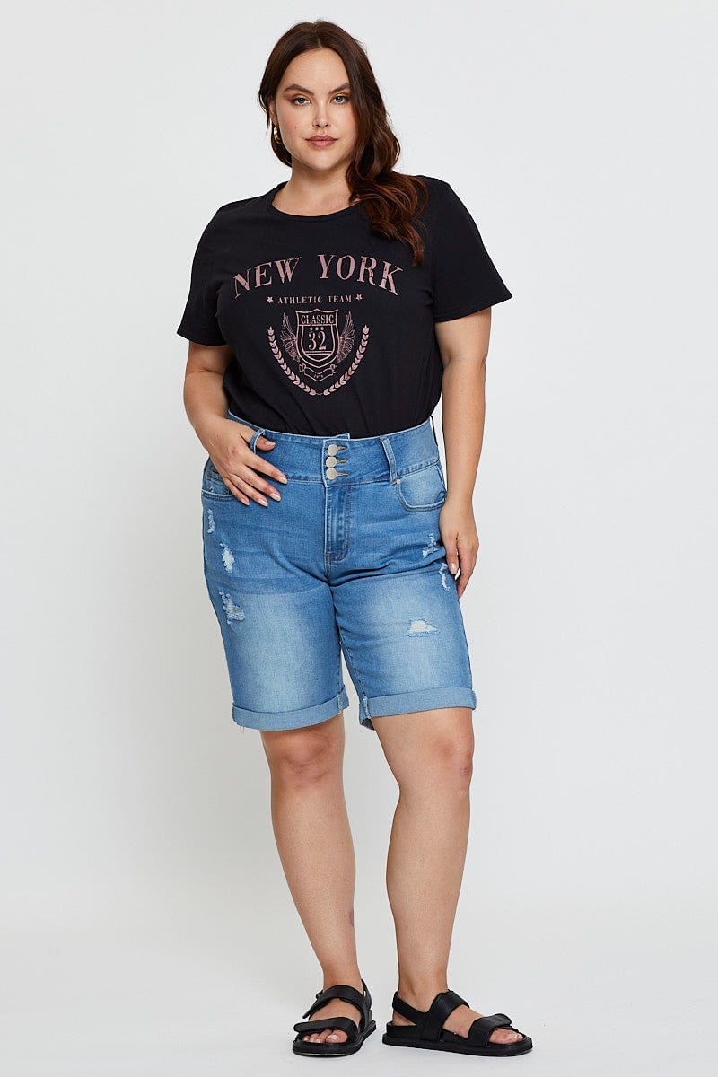 Black Graphic T-Shirt New York Crew Neck Short Sleeve for Women by You and All