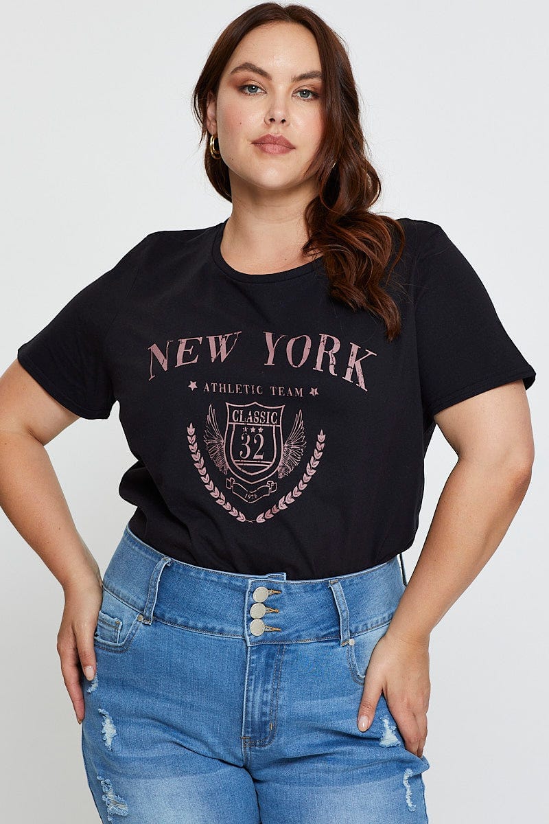 Black Graphic T-Shirt New York Crew Neck Short Sleeve for Women by You and All