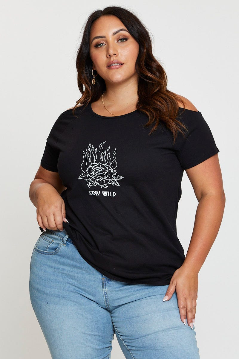 Black Graphic T-Shirt Stay Wild Crew Neck Short Sleeve For Women By You And All