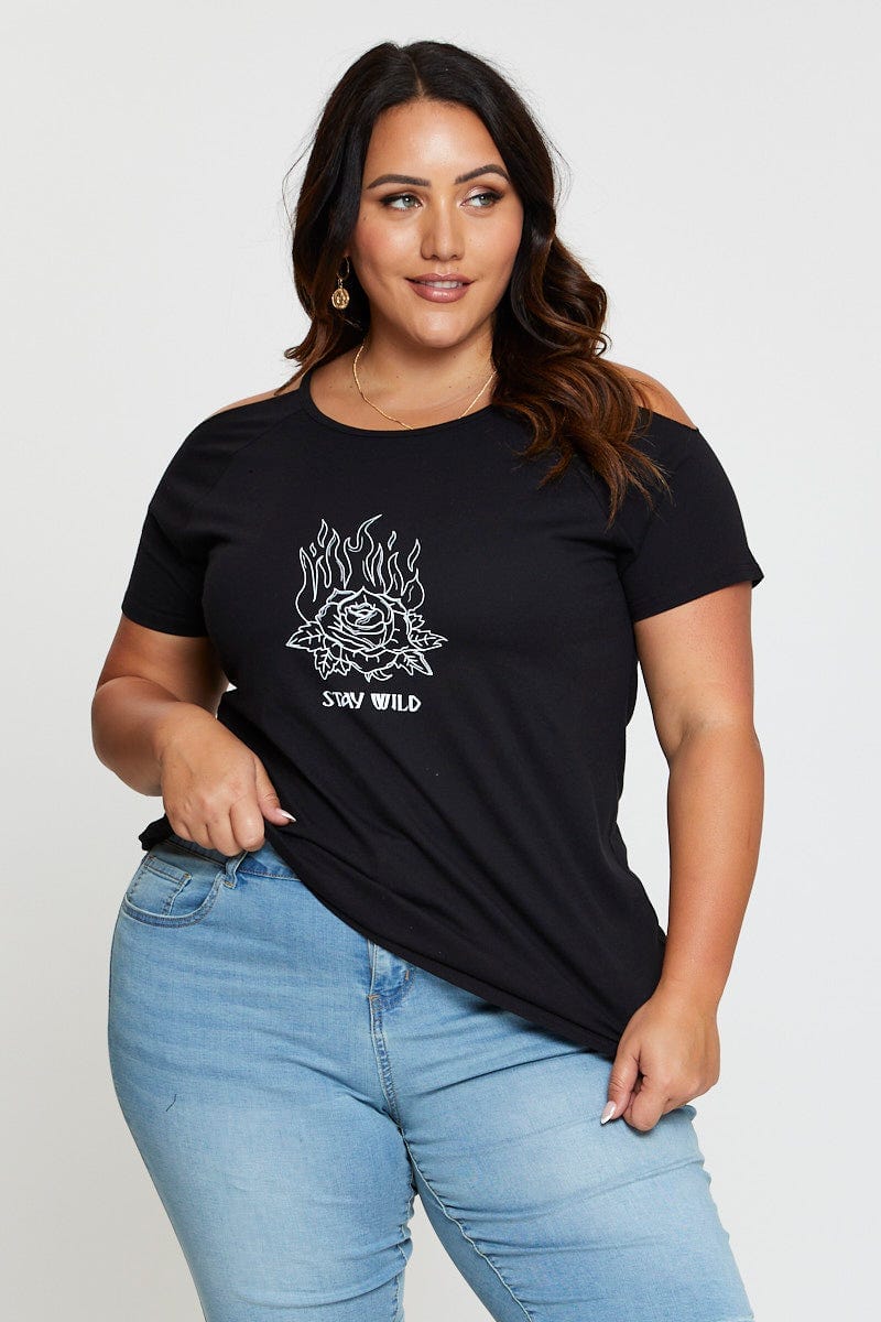 Black Graphic T-Shirt Stay Wild Crew Neck Short Sleeve For Women By You And All