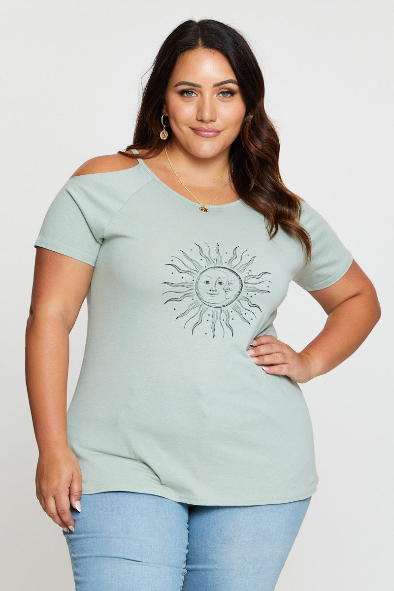 Green Graphic T-Shirt Sun Short Sleeve Cold Shoulder For Women By You And All