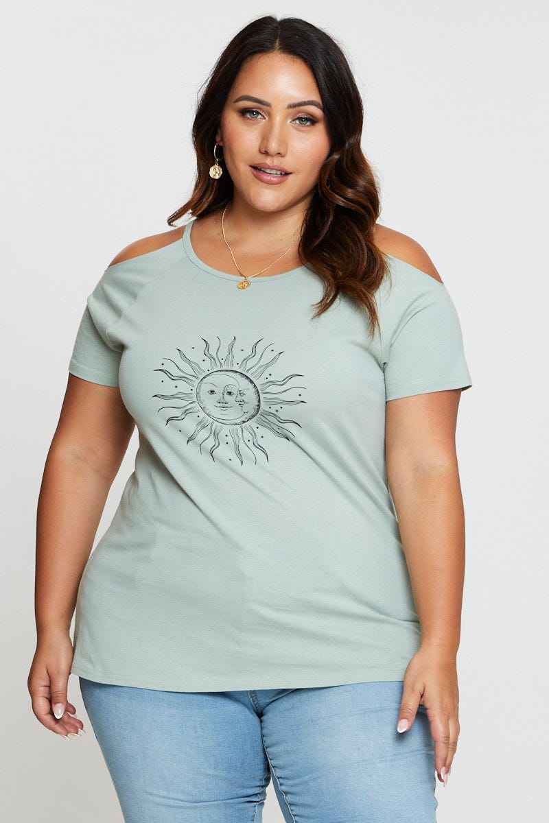 Green Graphic T-Shirt Sun Short Sleeve Cold Shoulder For Women By You And All