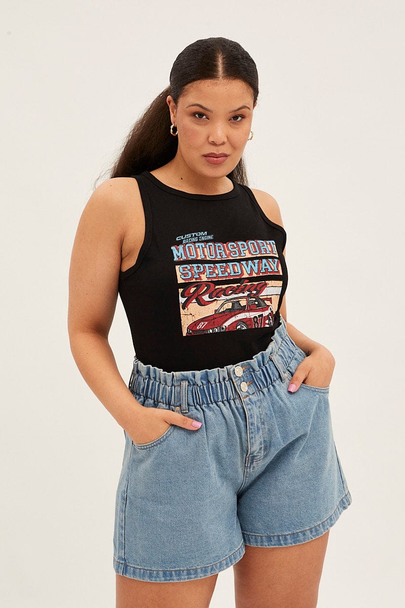 Black Graphic Tank Top Crew Neck for YouandAll Fashion