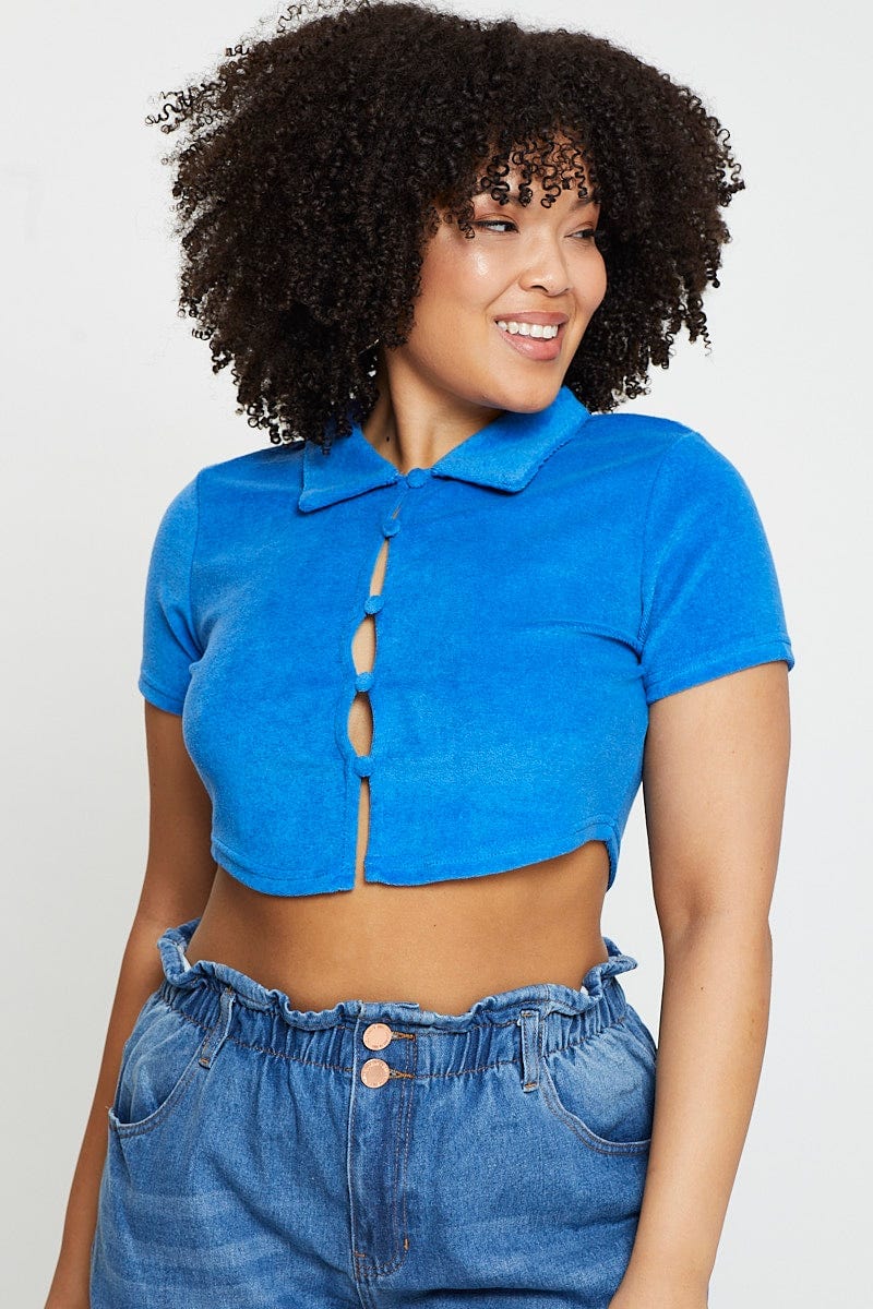 Blue Crop Top Terry Short Sleeve Button Front For Women By You And All