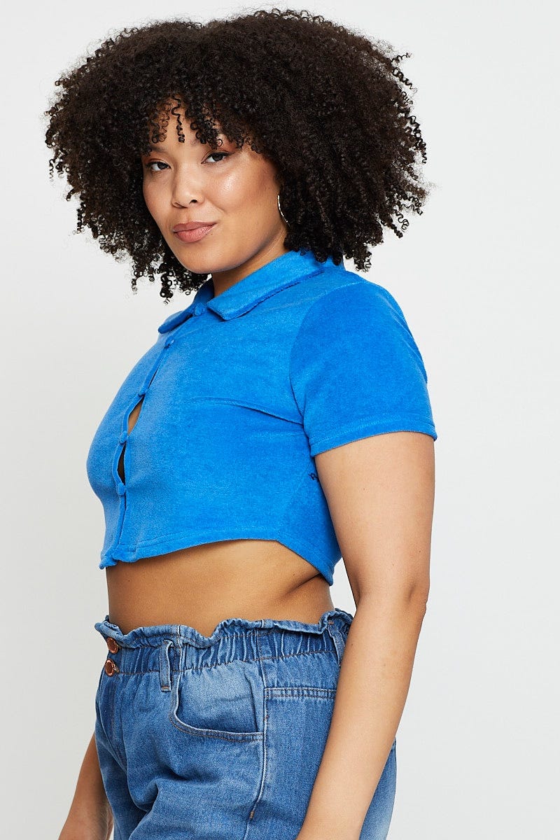 Blue Crop Top Terry Short Sleeve Button Front For Women By You And All