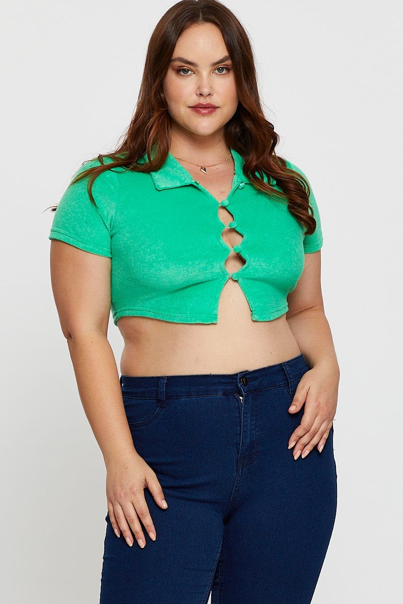 Green Crop Top Terry Short Sleeve Button Front For Women By You And All