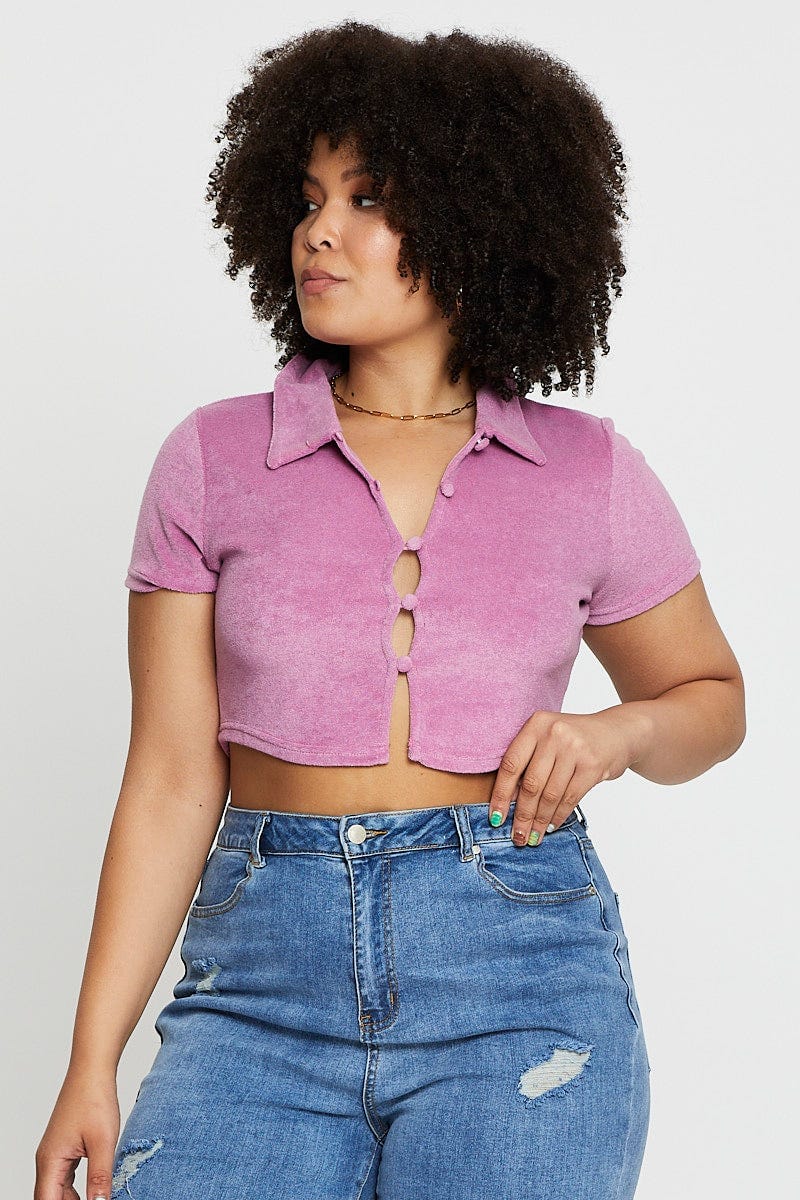 Pink Crop Top Terry Short Sleeve Button Front for Women by You and All