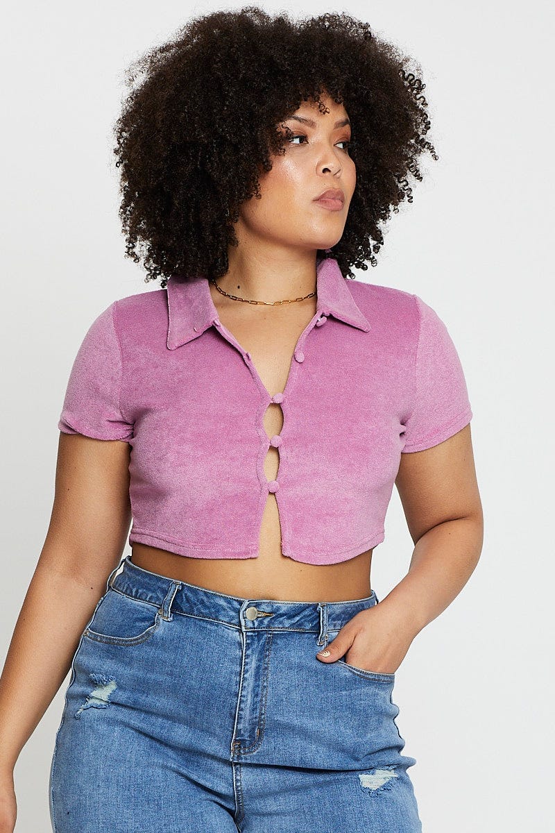 Pink Crop Top Terry Short Sleeve Button Front for Women by You and All