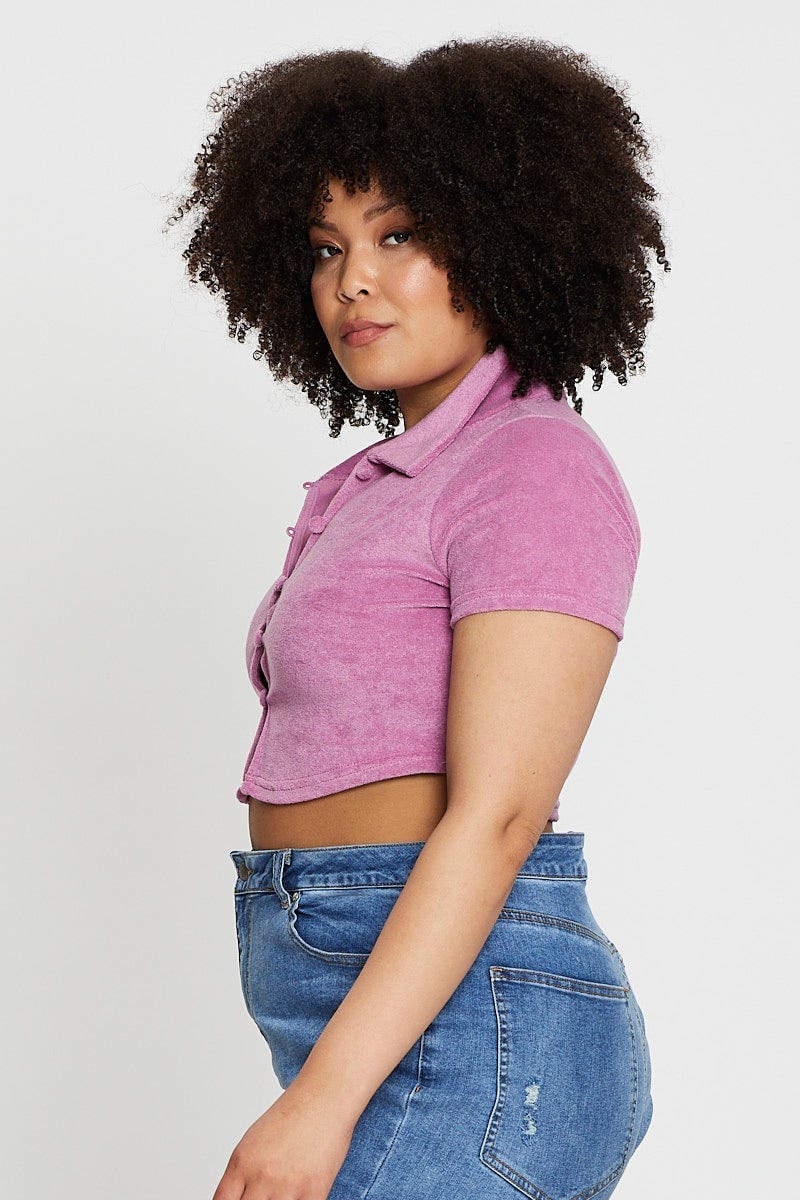 Pink Crop Top Terry Short Sleeve Button Front for Women by You and All