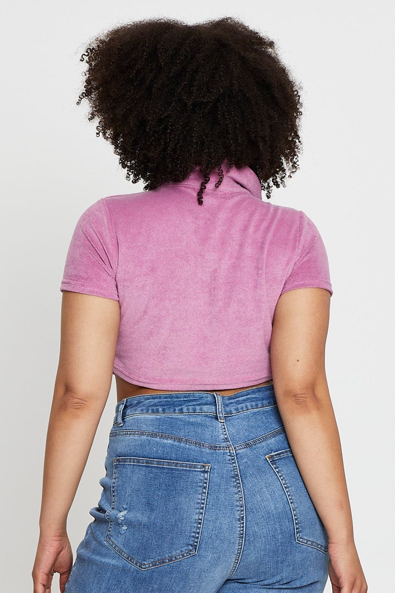 Pink Crop Top Terry Short Sleeve Button Front for Women by You and All