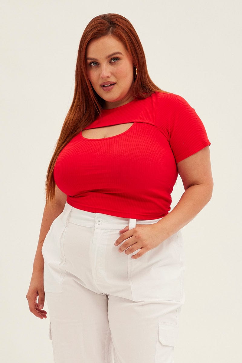 Red Rib Top Keyhole Short Sleeve Jersey for YouandAll Fashion