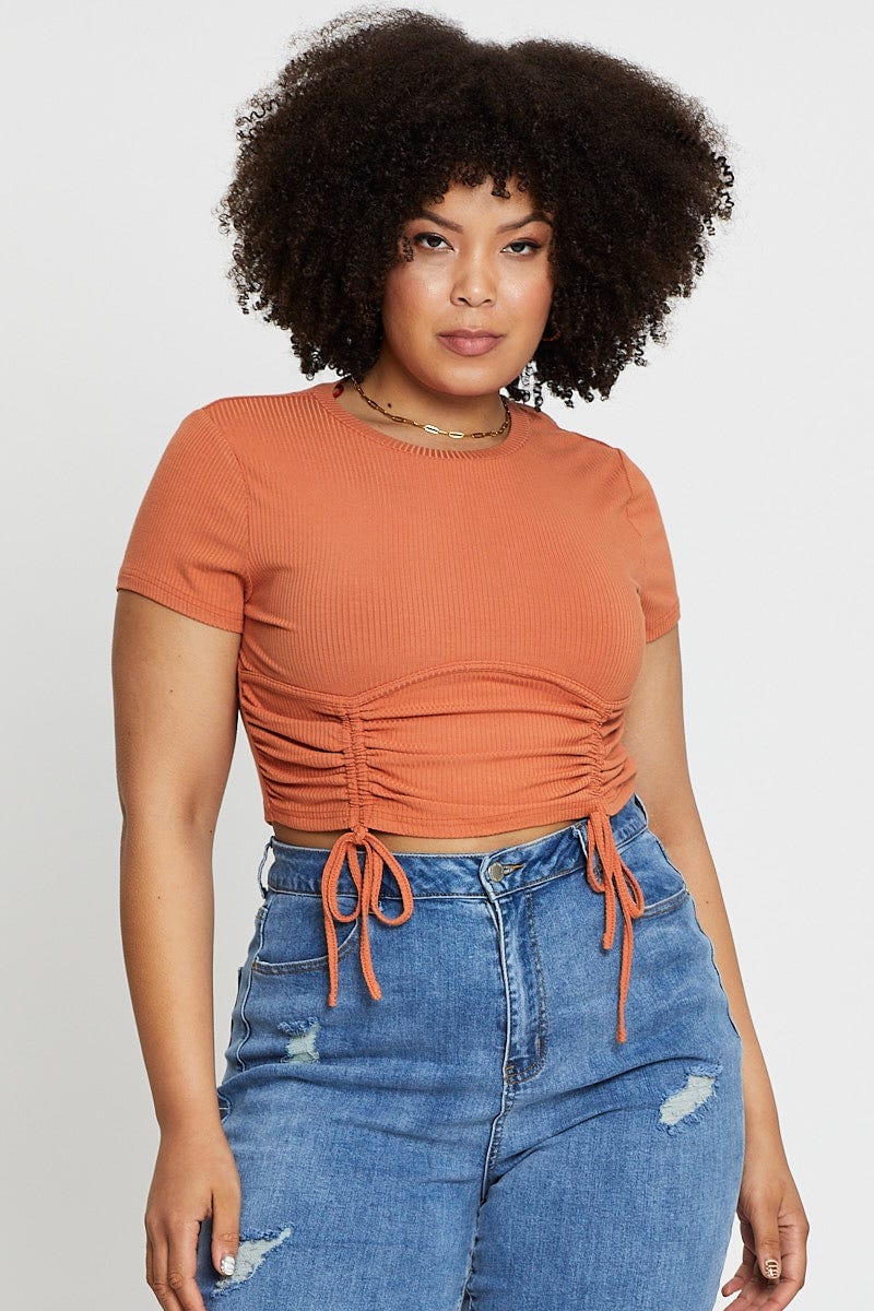 Rust Short Sleeve Drawstring Jersey Top For Women By You And All