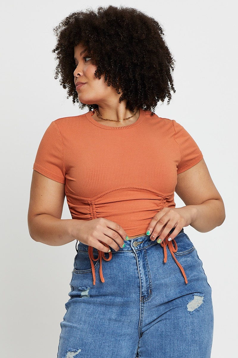 Rust Short Sleeve Drawstring Jersey Top For Women By You And All