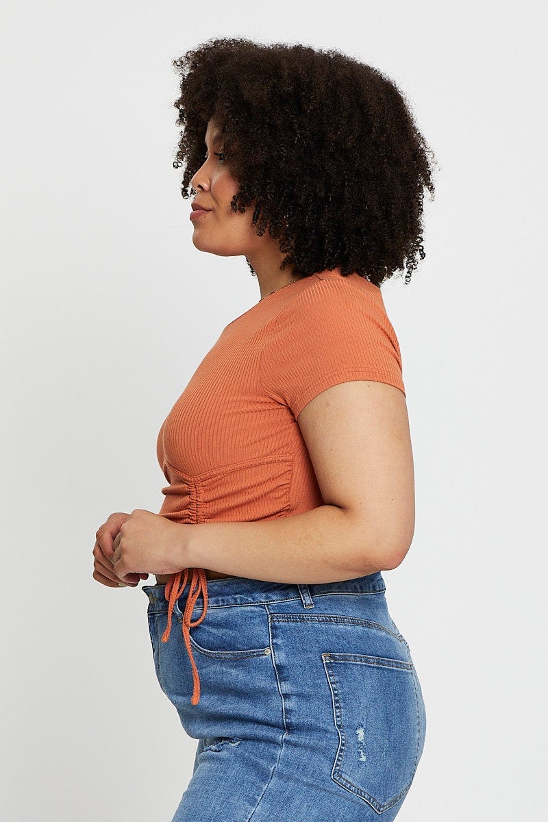 Rust Short Sleeve Drawstring Jersey Top For Women By You And All