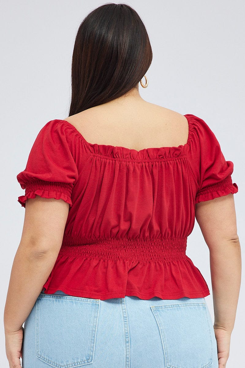 Red Smock Detail Top Square Neck for YouandAll Fashion