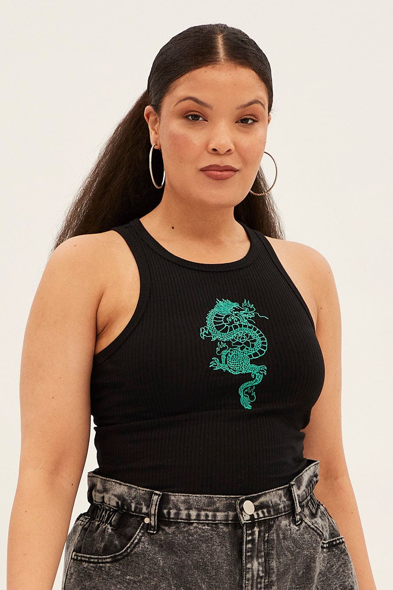 Black Sleeveless Rib Tank Top With Dragon Embroidery for YouandAll Fashion
