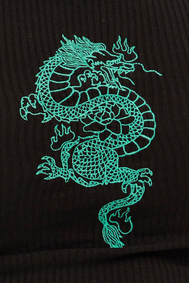 Black Sleeveless Rib Tank Top With Dragon Embroidery for YouandAll Fashion