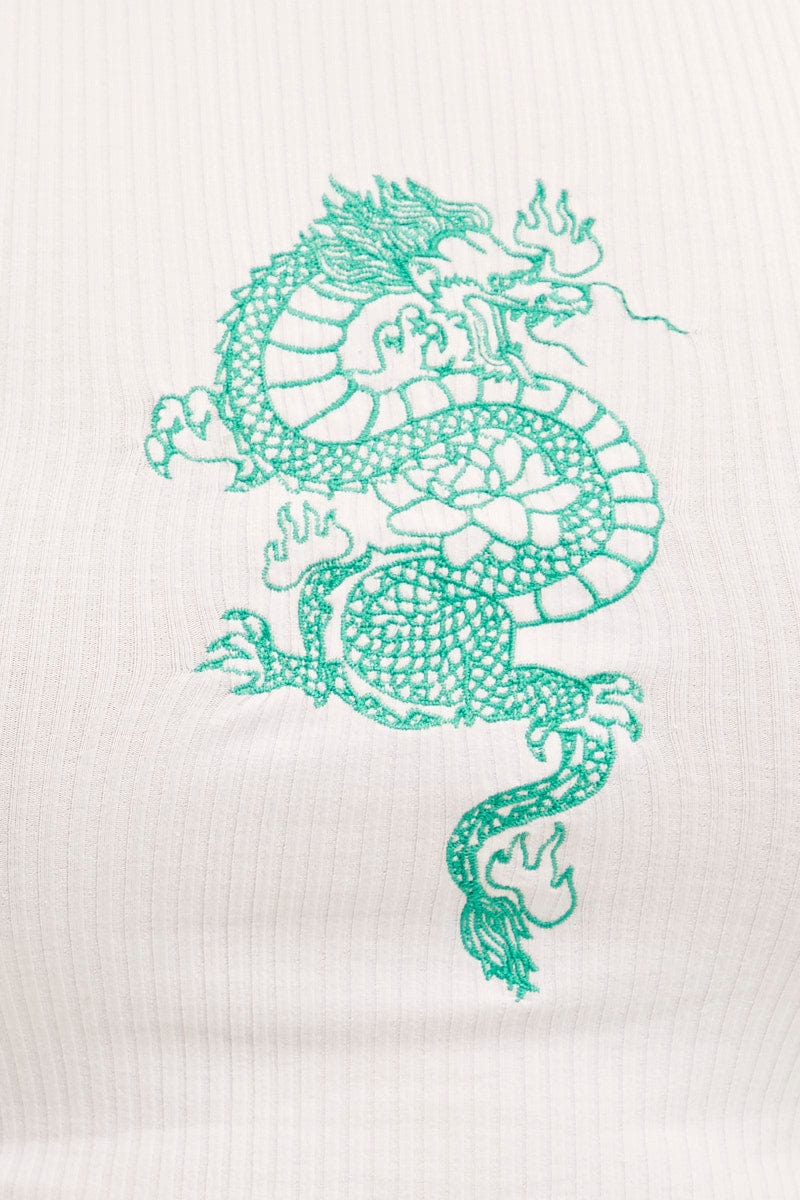 White Sleeveless Rib Tank Top With Dragon Embroidery for YouandAll Fashion