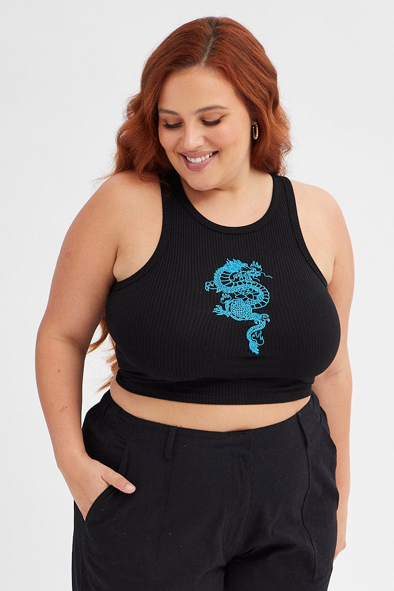 Black Sleeveless Tank Top With Blue Dragon Embroidery for YouandAll Fashion