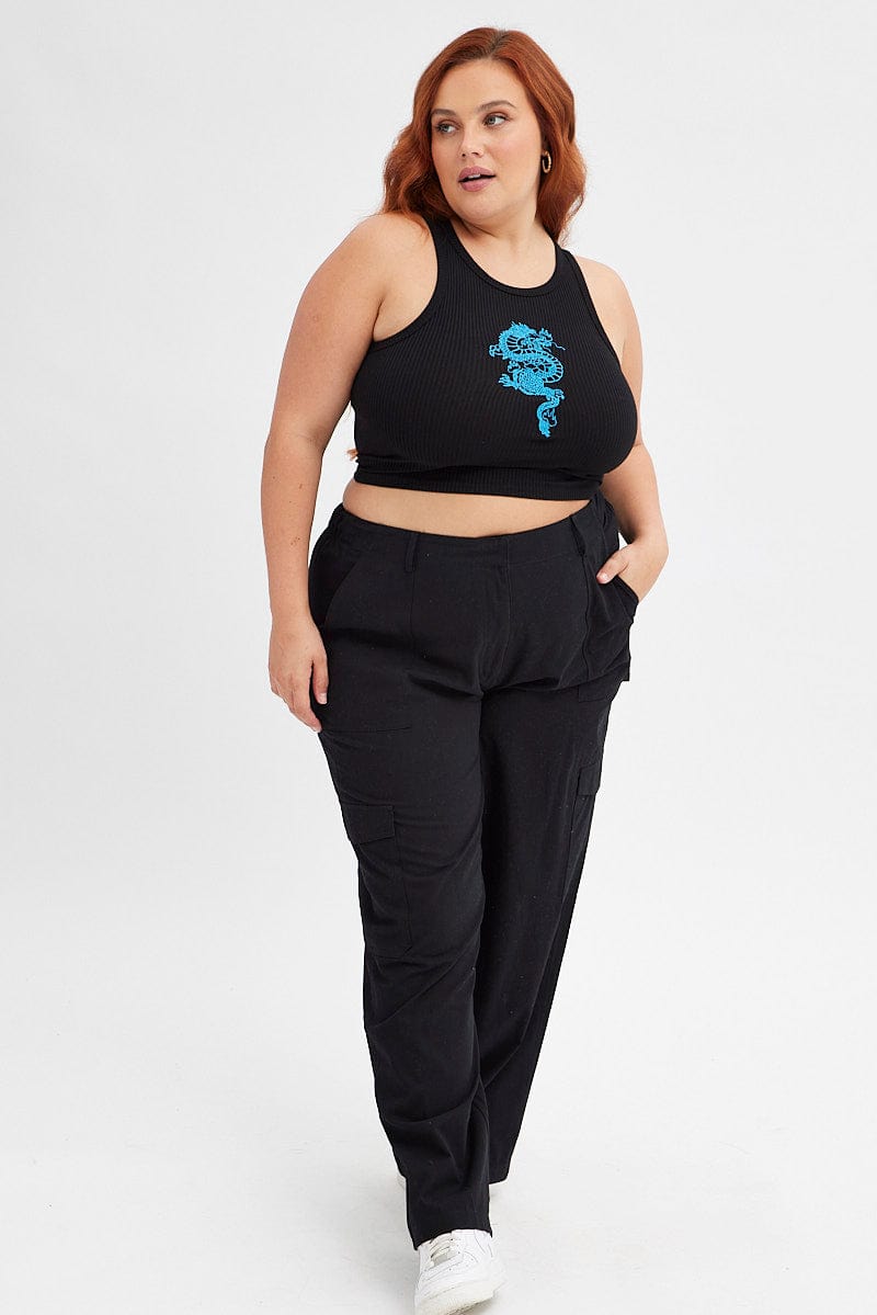 Black Sleeveless Tank Top With Blue Dragon Embroidery for YouandAll Fashion