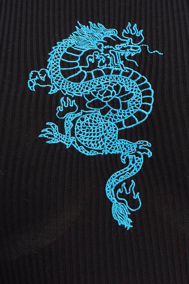 Black Sleeveless Tank Top With Blue Dragon Embroidery for YouandAll Fashion