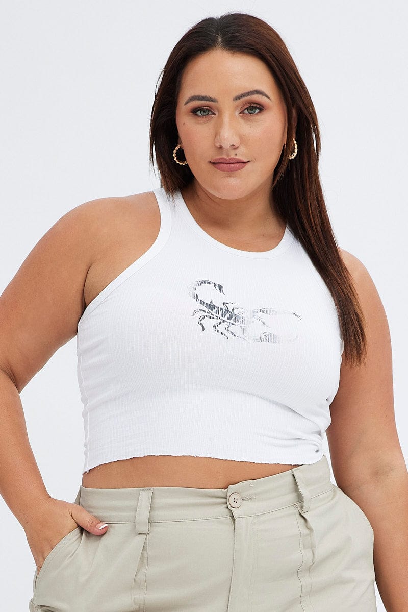 White Rib Tank Top Faded Scorpion Print for YouandAll Fashion
