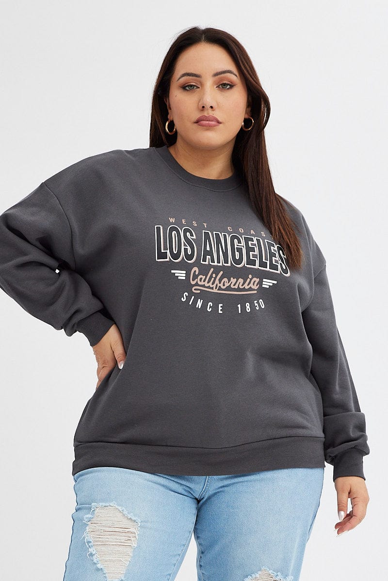 Grey Graphic Sweater Los Angeles Long Sleeve Relaxed for YouandAll Fashion