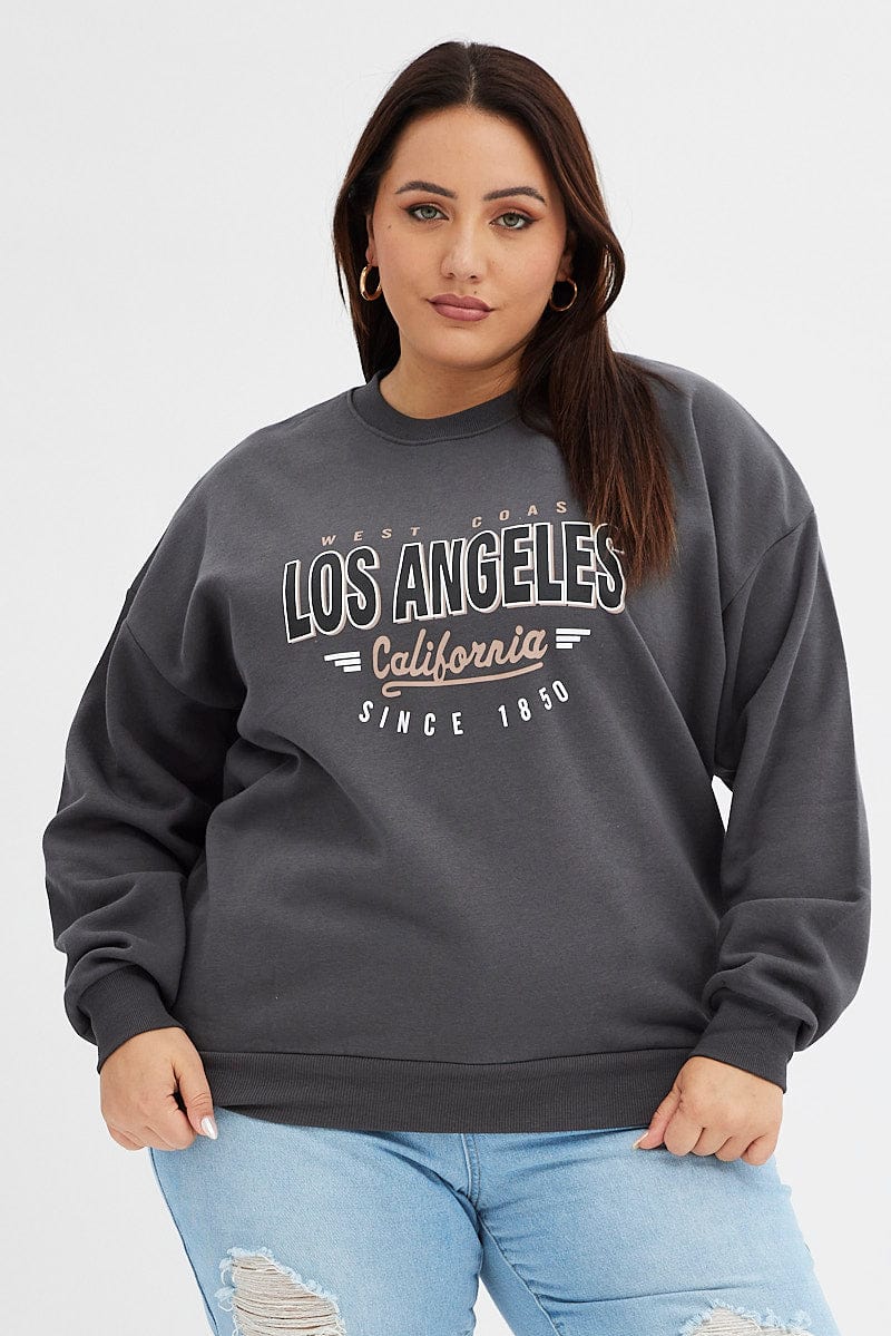 Grey Graphic Sweater Los Angeles Long Sleeve Relaxed for YouandAll Fashion