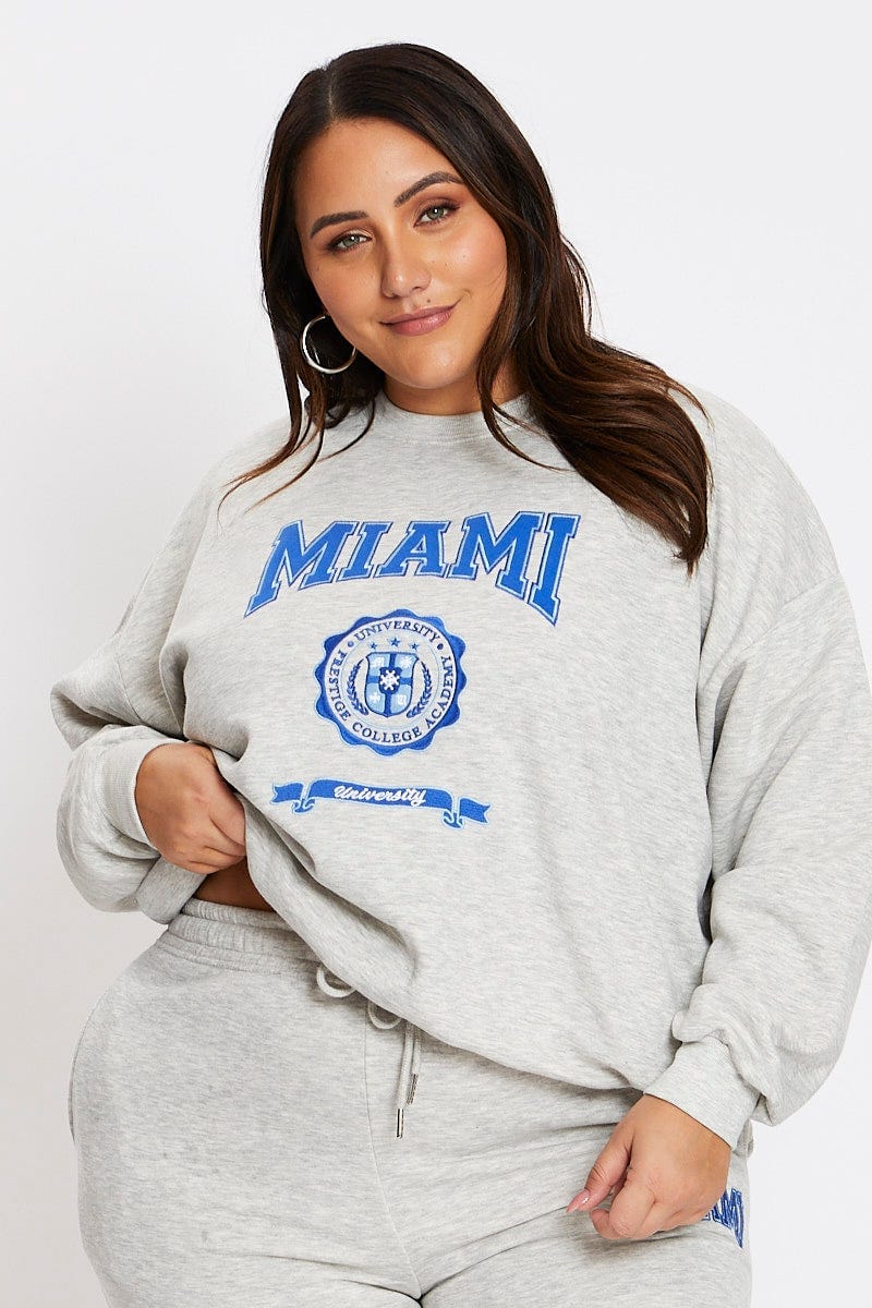 Grey Long Sleeve Miami Embroidery Stripe Trim Sweat For Women By You And All