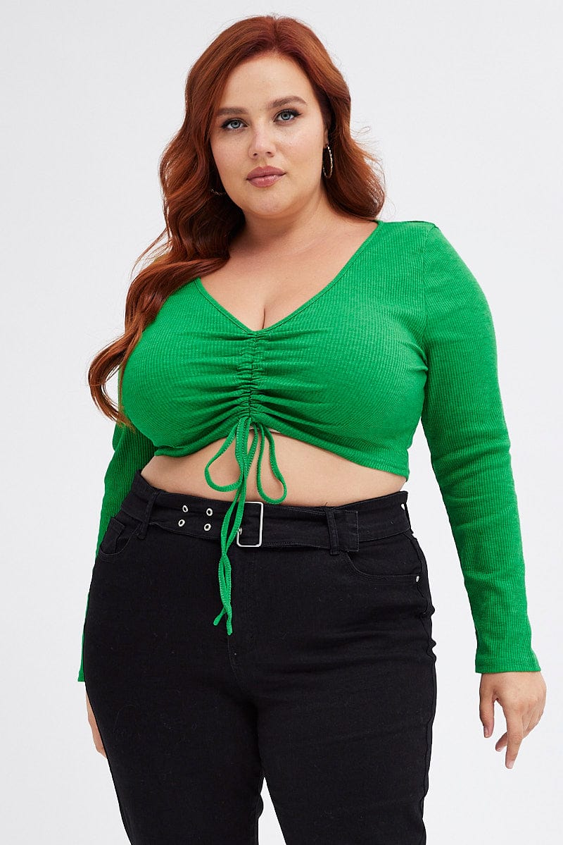 Green Ruched Top Long sleeve V neck for YouandAll Fashion