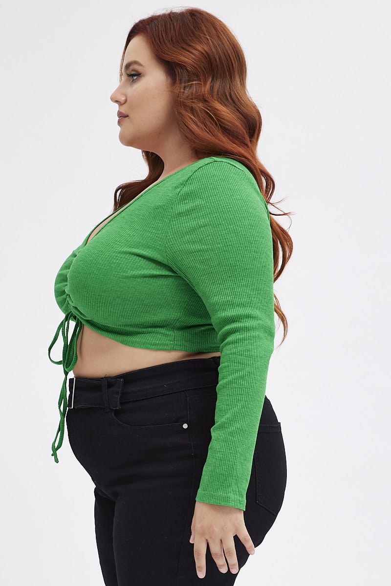 Green Ruched Top Long sleeve V neck for YouandAll Fashion