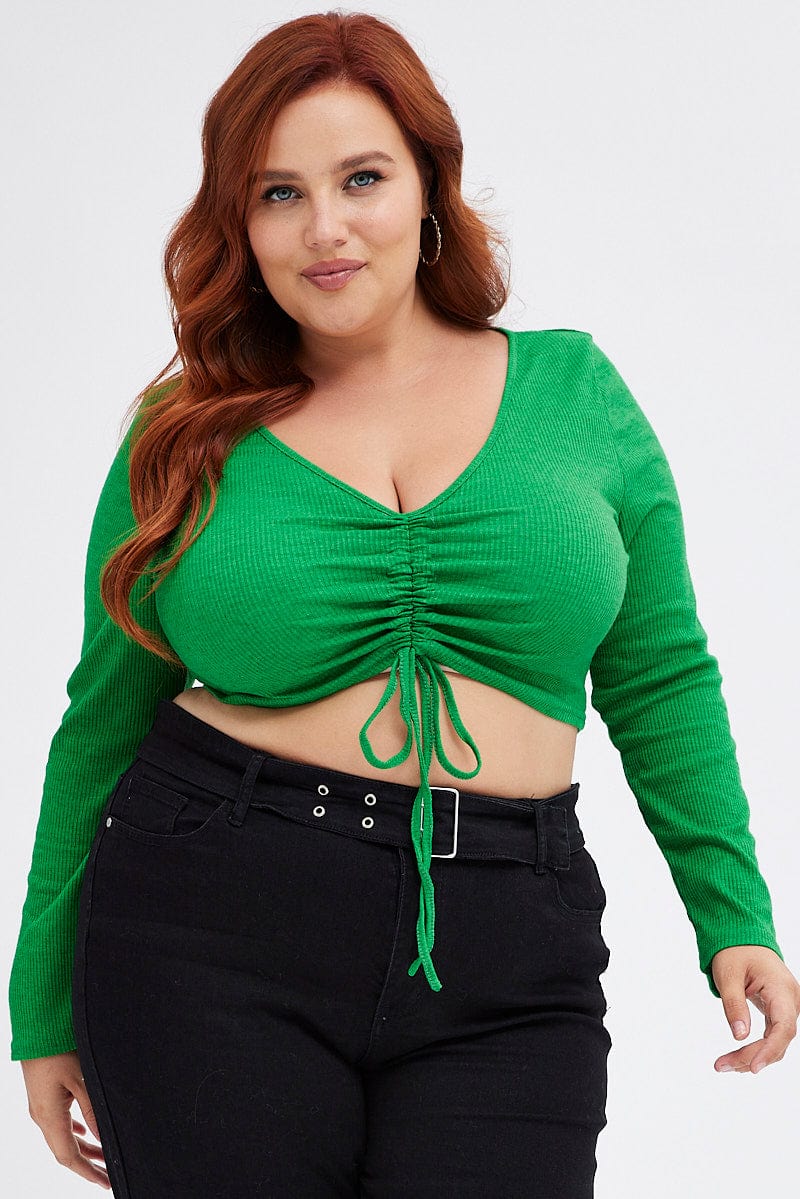 Green Ruched Top Long sleeve V neck for YouandAll Fashion