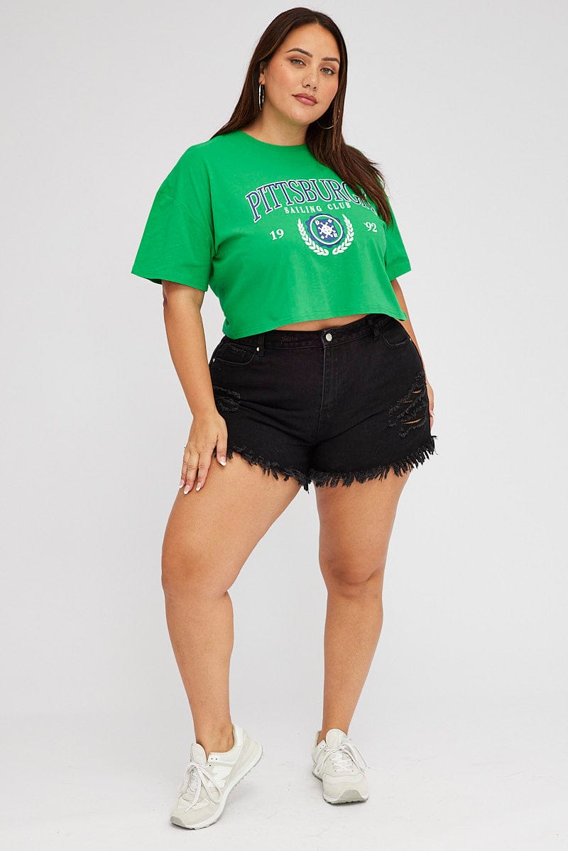 Green Graphic Crop T Shirt Short Sleeve Crew Neck for YouandAll Fashion