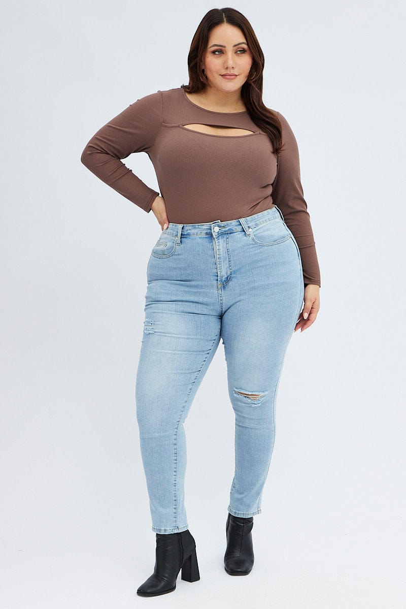 Brown Cut out Top Long sleeve Crew neck for YouandAll Fashion