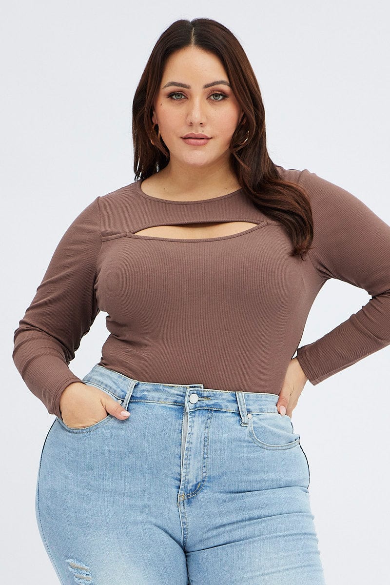 Brown Cut out Top Long sleeve Crew neck for YouandAll Fashion