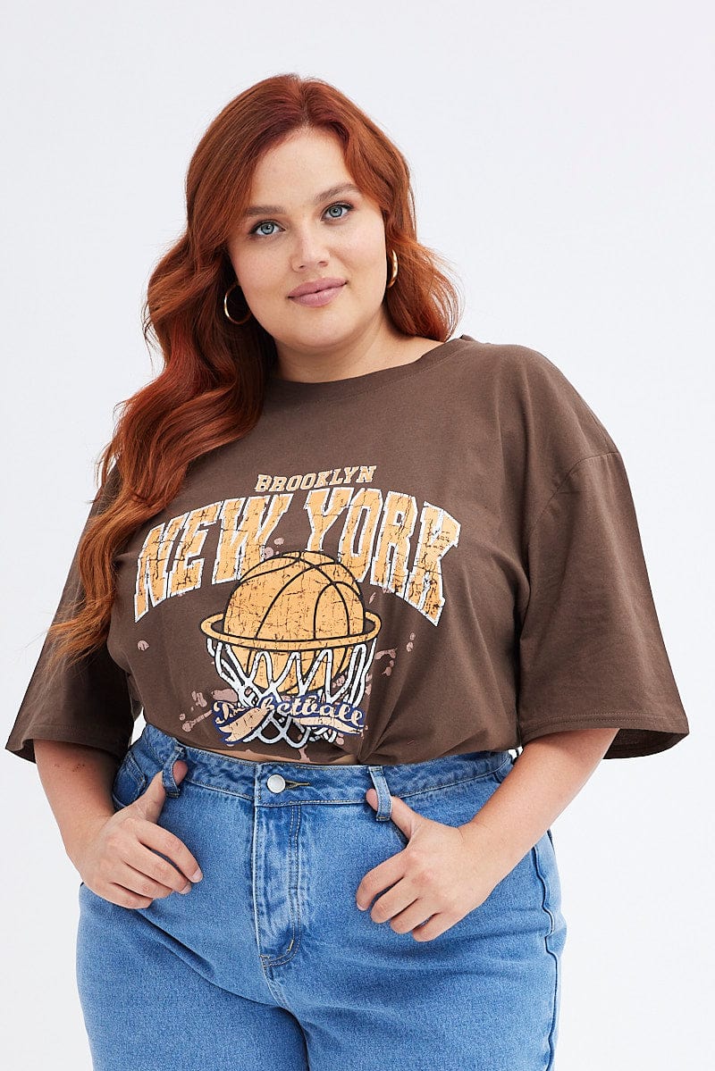 Brown Graphic T shirt Short sleeve Crew neck for YouandAll Fashion