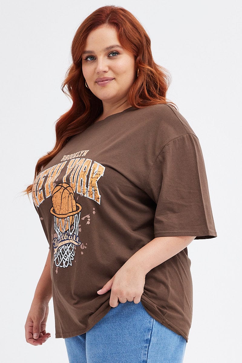 Brown Graphic T shirt Short sleeve Crew neck for YouandAll Fashion