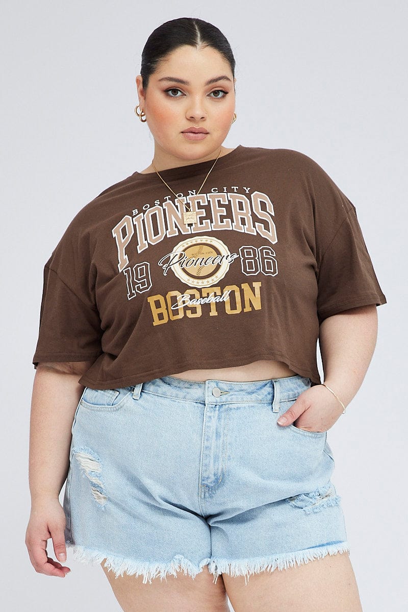 Brown Graphic T Shirt Short Sleeve Crew Neck for YouandAll Fashion