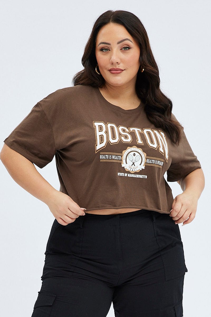 Brown Graphic T Shirt Short Sleeve Crew Neck for YouandAll Fashion