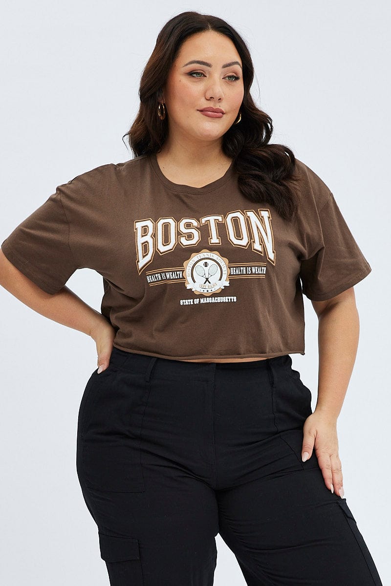 Brown Graphic T Shirt Short Sleeve Crew Neck for YouandAll Fashion