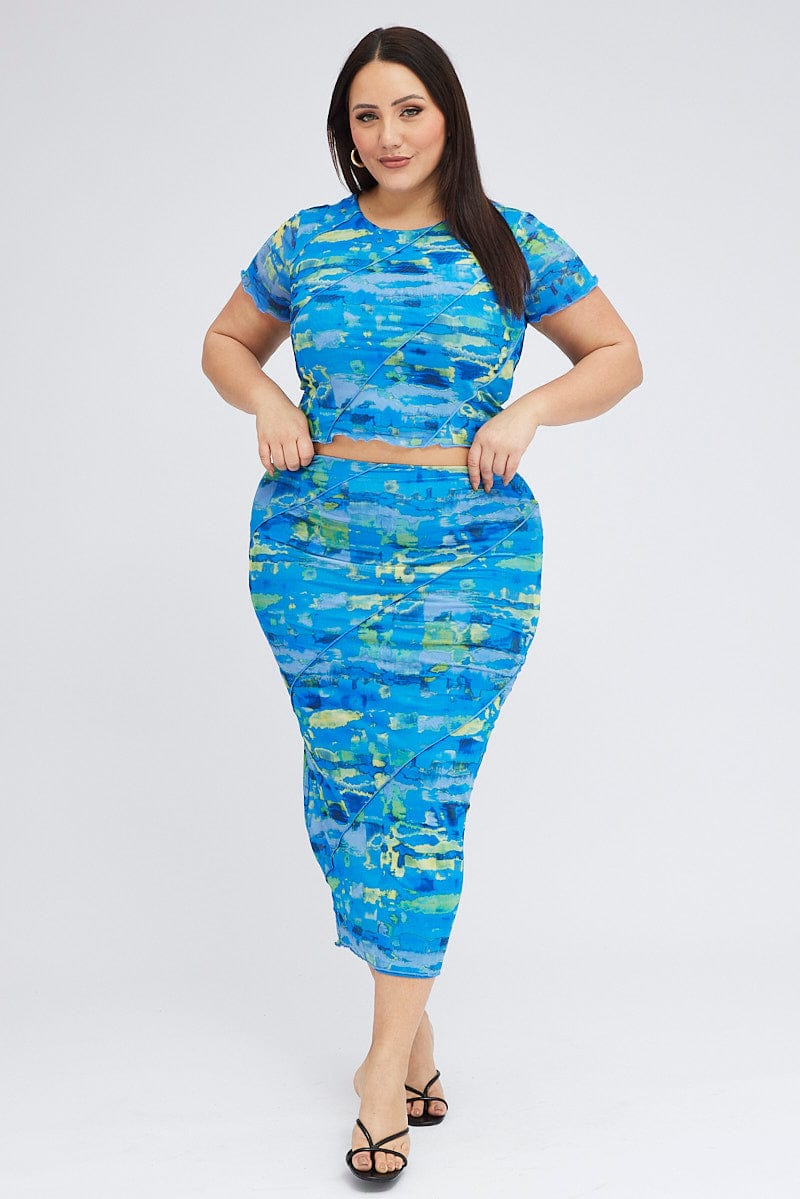 Blue Abstract Body Print Cropped Top & Mini Skirt Set