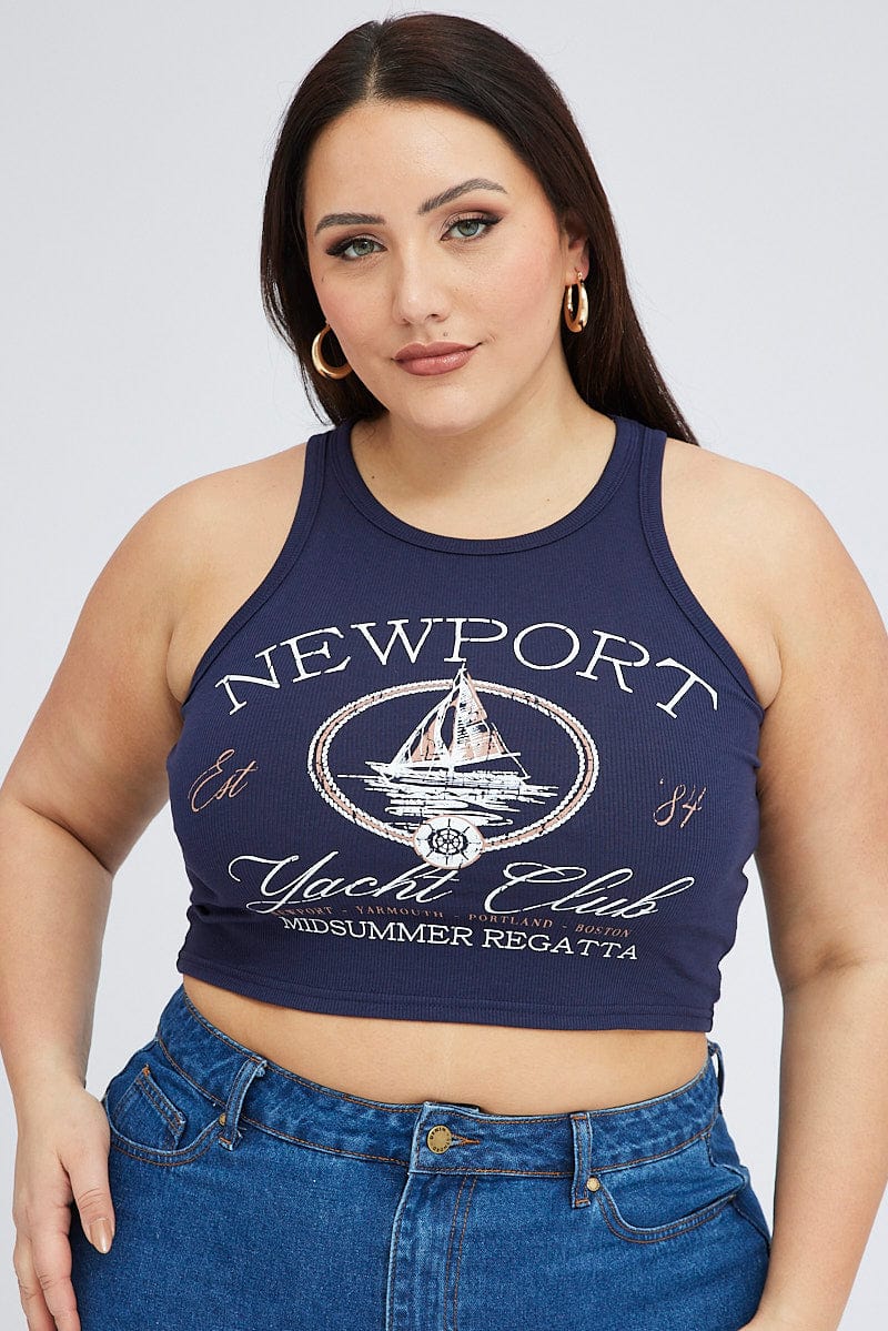 Blue Graphic Tank Top Crew Neck for YouandAll Fashion