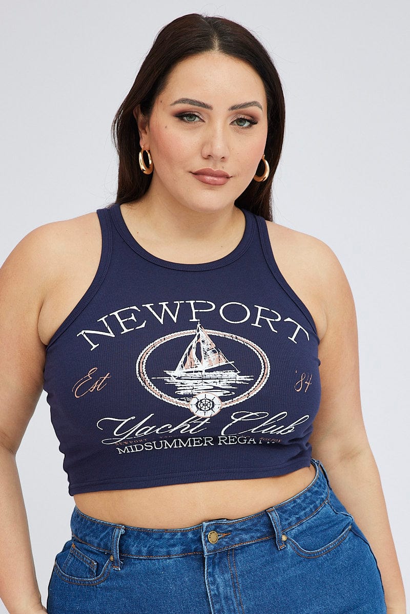 Blue Graphic Tank Top Crew Neck for YouandAll Fashion