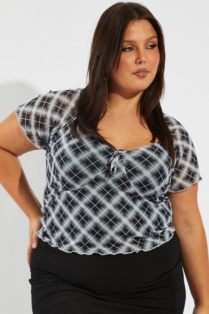 Check Fitted Top Grey Check Check Mesh Top Short Sleeve V-neck | You & All