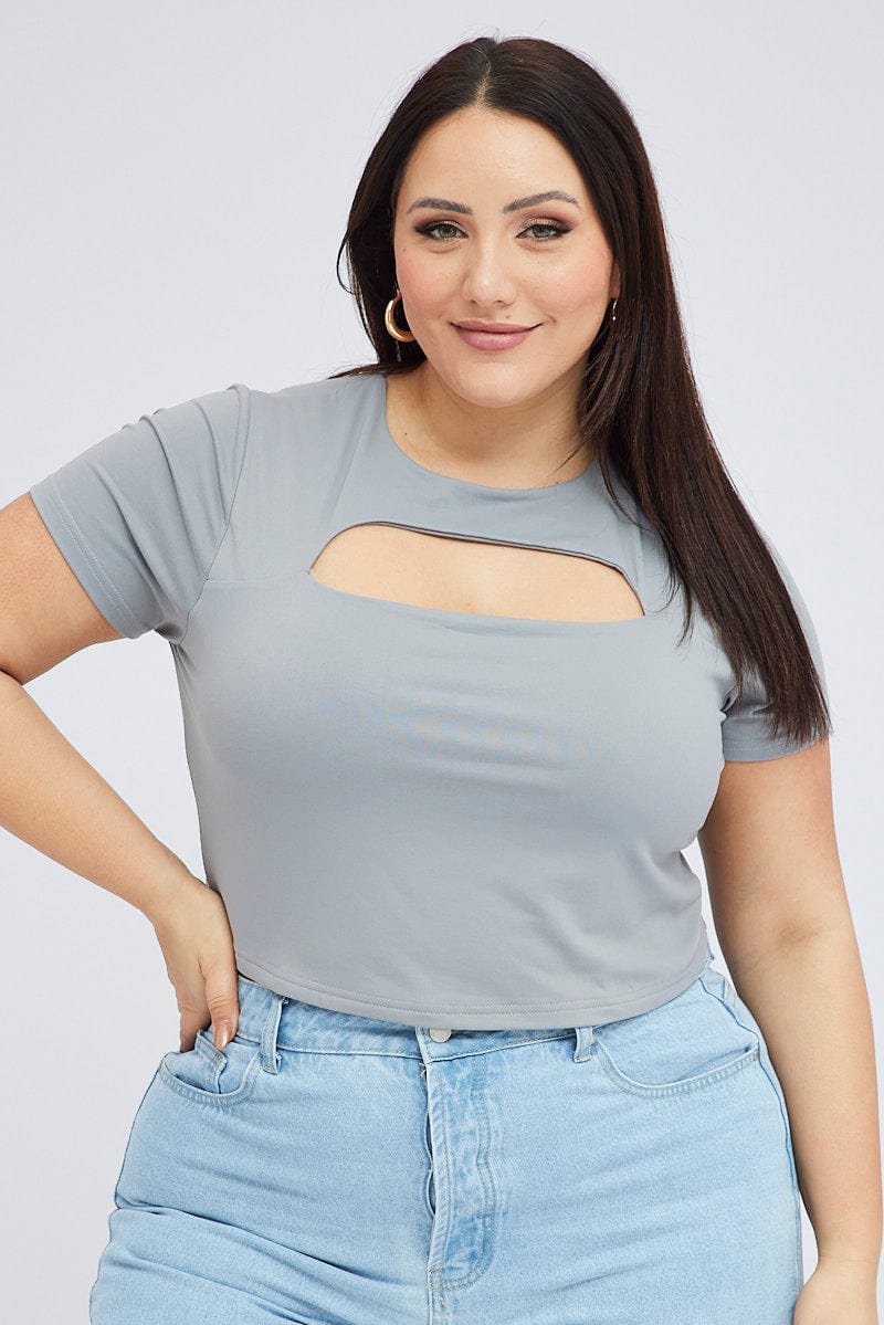 Grey Cut Out Top Short Sleeve Supersoft for YouandAll Fashion