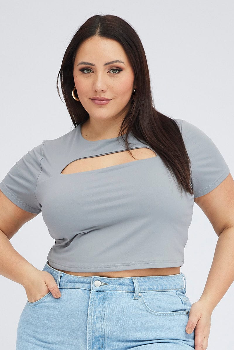 Grey Cut Out Top Short Sleeve Supersoft for YouandAll Fashion