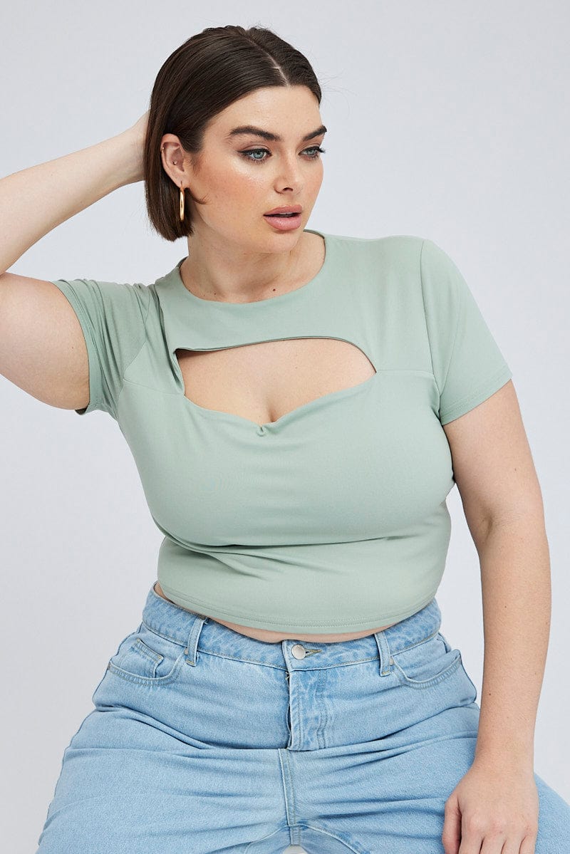 Green Cut Out Top Short Sleeve Supersoft for YouandAll Fashion